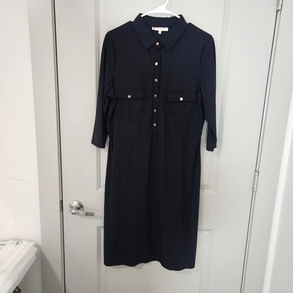 Jude Connally Dresses & Skirts - Jude Connally Black Shirt Dress XL 3/4 Sleeve Gold Button Pockets